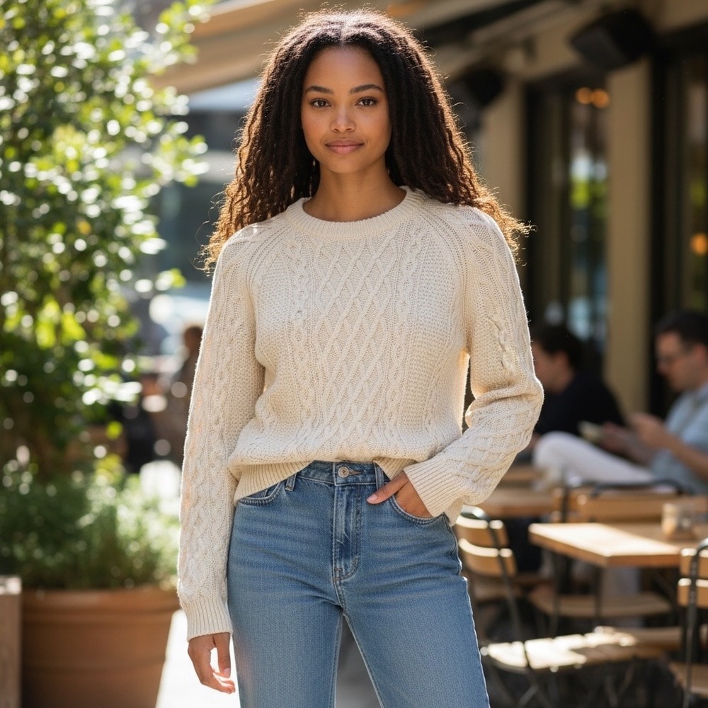 J.Crew Cable Knit Sweater Women XS Natural Cream Cotton Raglan BY048 New